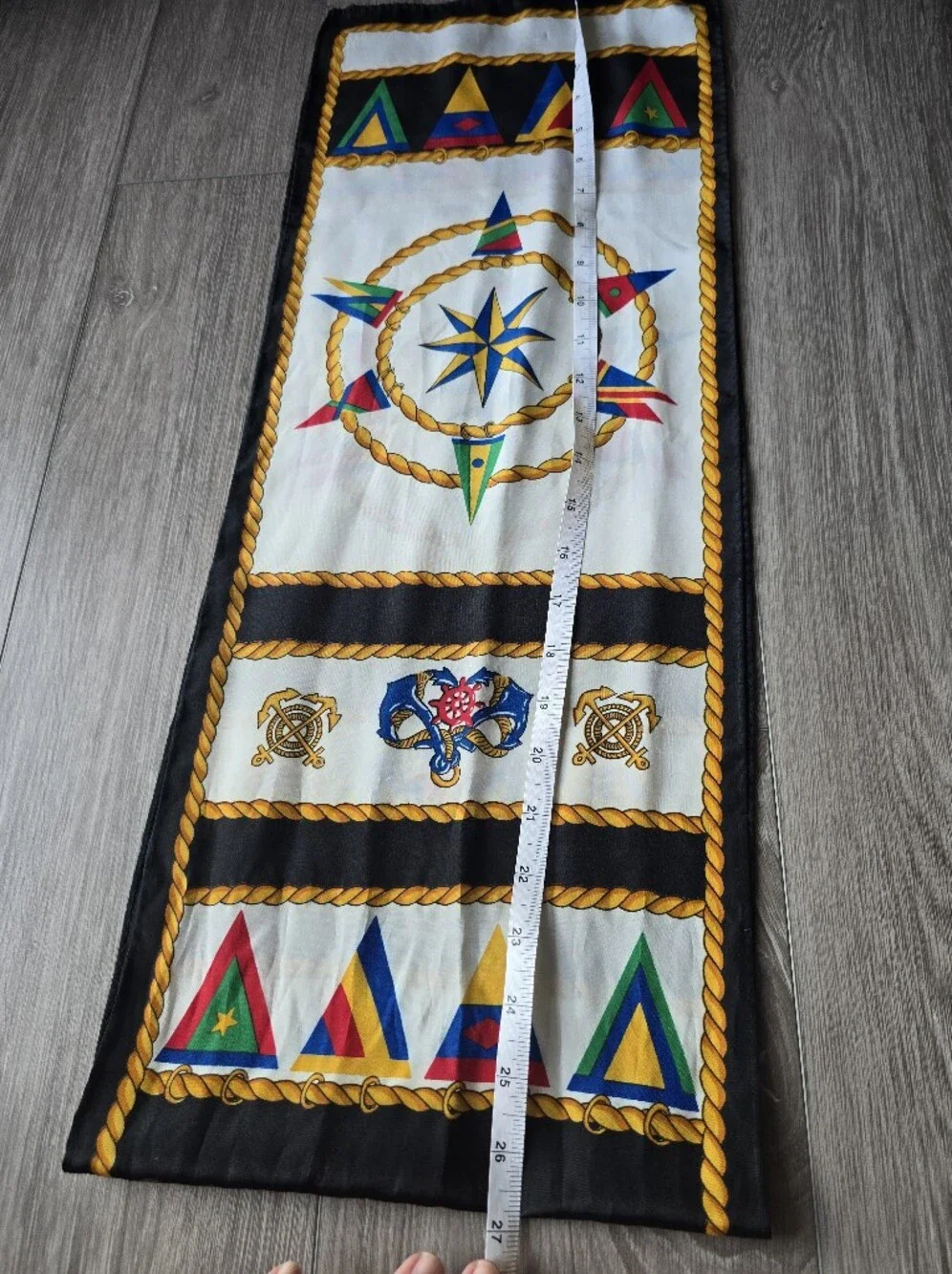 Vintage Nautical Scarf Long Black Gold Anchor Compass Rope Signal Flag Print